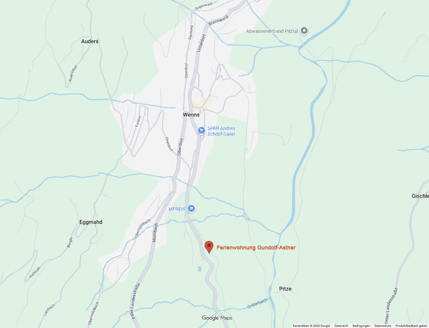Kartenansicht der Lage der Ferienwohnung Gundolf-Astner in Wenns